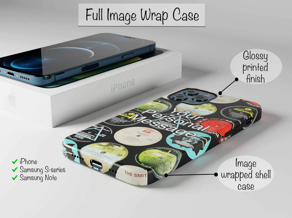 mobile phone cover with vinyl record labels printed in a mosaic pattern, along with a personal message, with text indicating it is a full image wrap case available for iphone, samsung, huawei, xiaomi