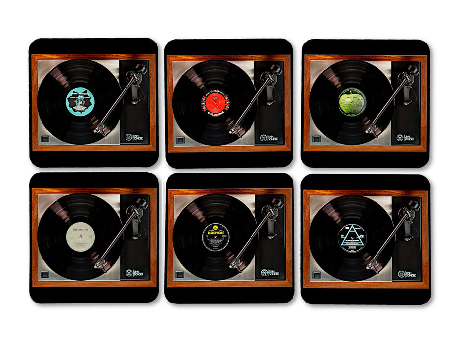 six coasters on a table each with image of a vinyl record playing on a record player