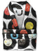 A folded dressing gown seen from overhead, the dressing down is decorated with a montage of vinyl records
