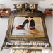 A duvet on a bed seen from above, the duvet having an image of a pair of orange and black shoes seen reflected in a brass mirror, along with a printed personal message