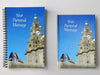 Two notebooks, side by side, both having covers with an image of a pair of shoes on a wall with the cunard liverpool liver building in the background, with a personal message on the cover