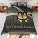 A duvet cover on a bed, the duvet cover having an image of a tennis court with a pair of yellow high heel shoes hung on the tennis net